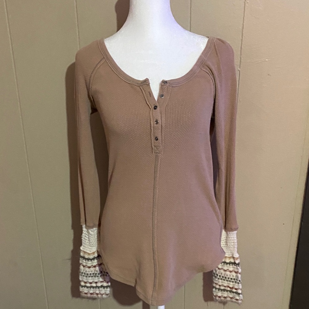 Free People Women's Tan Long Sleeve Top with Patterned Cuffs